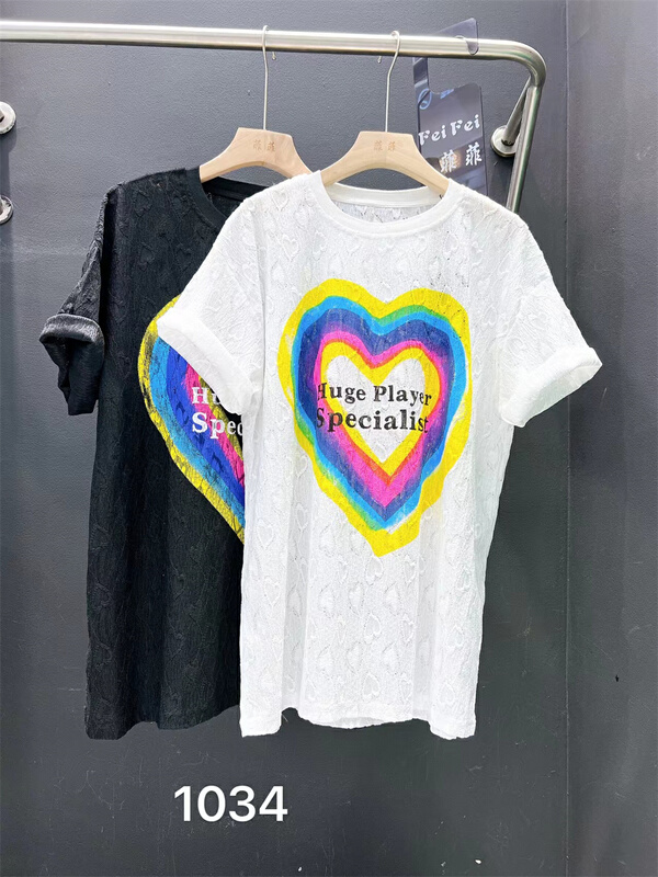 [Feifei] Korean rainbow love hollow out short sleeve T-shirt 1034# ozq