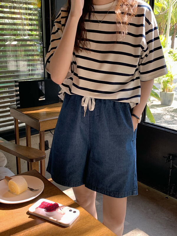New year in early spring! [meet me] comfortable drawstring elastic waist denim shorts ys1-6959# L