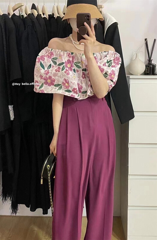 goods in stock! [hey Bella] Korean floral one line Neck Shirt 2802# ll
