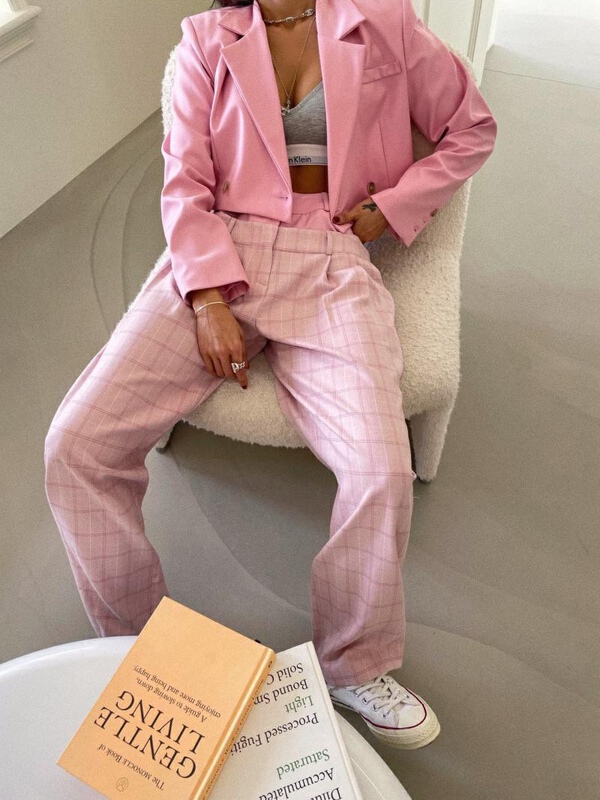 New in early summer! [c.h.z] personalized pink and tender suit + fake two-piece high waist Plaid suit (suit only) 80039# WTT