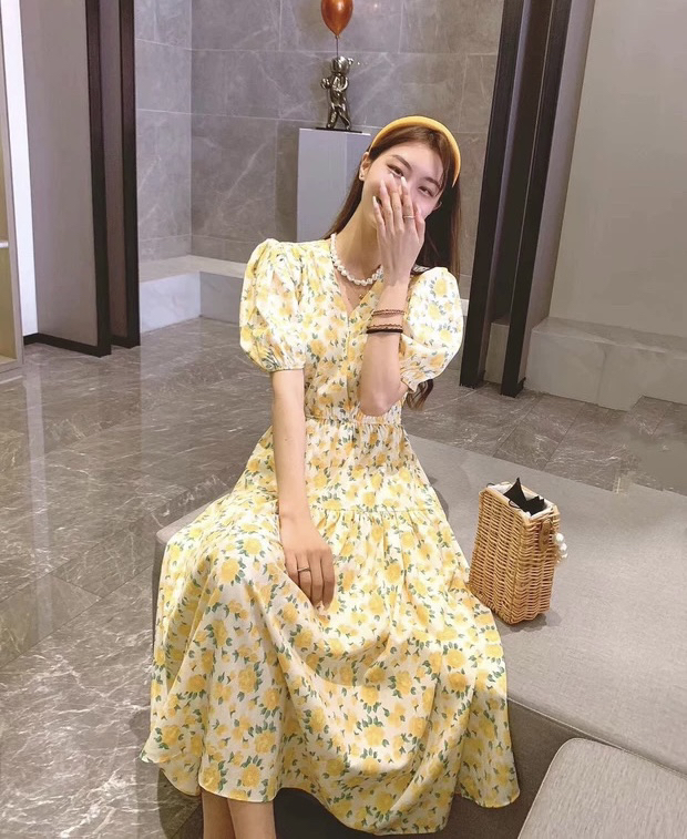 New in early summer! [JH] net saffron V-neck Lantern Sleeve Dress (dress only) 41459# PCZ