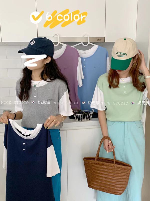 New in early summer! [naisijia nice studio] Korean versatile color matching fake two piece short sleeve T-shirt 9937# zxl
