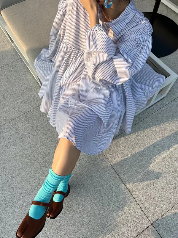 goods in stock! [miss coffee] Korean striped Pleated Dress 6819# XYJ