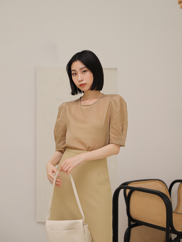 [st] round neck bubble sleeve solid color blouse 2700# XJ
