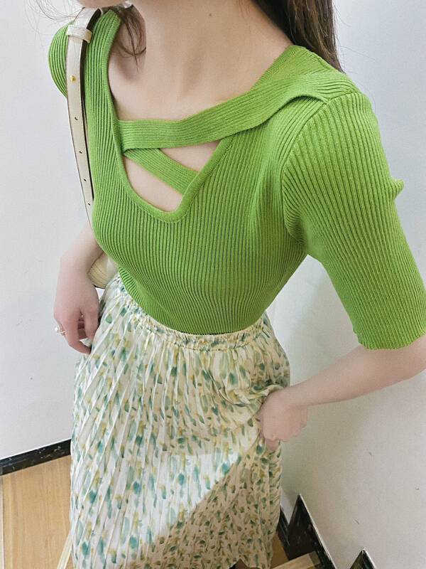 [twins] design sense, niche, thin, solid color short sleeved sweater 8088# hjy