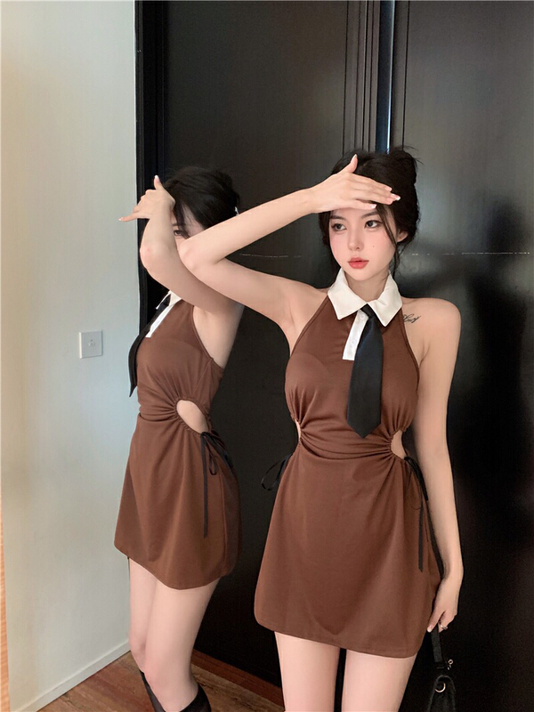 [Doudou family] Vintage Spice Girl waist hollowed out thin dress (with tie) 88275# CLS