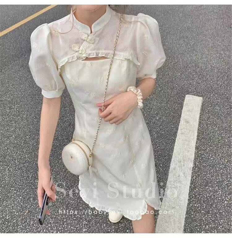 New year in early spring! [tangtangtangjia] stand collar single breasted short sleeved shirt + simple sexy suspender Dress Medium set 2782# PCZ
