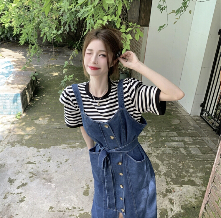 "Y.JIA Iga" simple striped short sleeve T-shirt slim casual denim skirt two-piece suit (with belt) YS1-8937# PCZ
