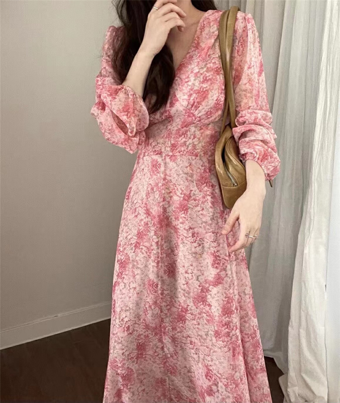 goods in stock! [Selene] V-neck elegant print dress 5020# CSX