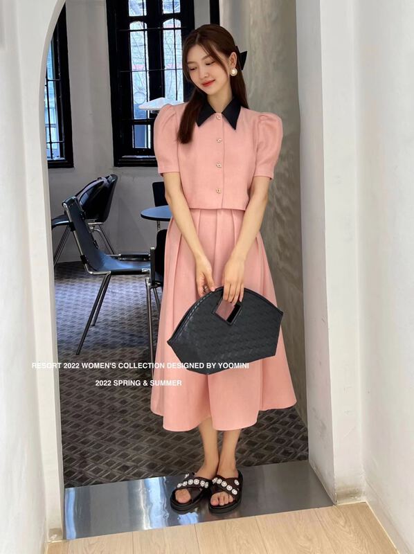 New in early summer! [yoomini] small fragrance Style Bubble Sleeve single breasted shirt + simple a-word medium and long half set x12703# WPL