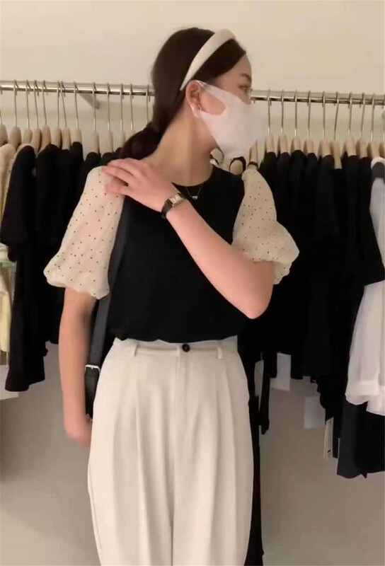 goods in stock! New in early summer! [Susan] contrast color bubble sleeve age reducing slim shirt 18057# LSW