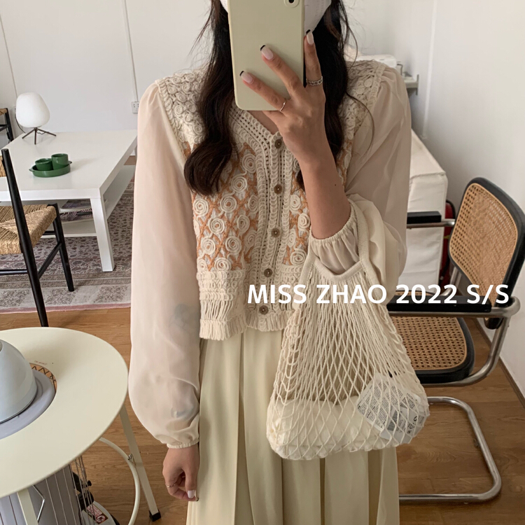 New year in early spring! [misszhao] Korean version small fresh chic Crocheted chiffon shirt 1313\hbx