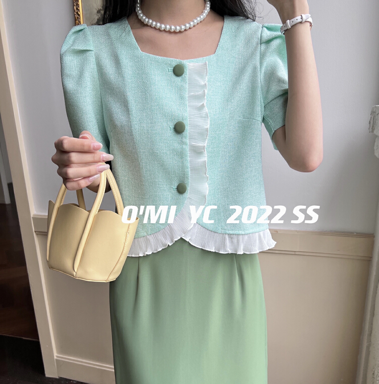 Original price 48.50! [O MI] small fragrance pleated lace stitched Square Neck Shirt 8227# HBx