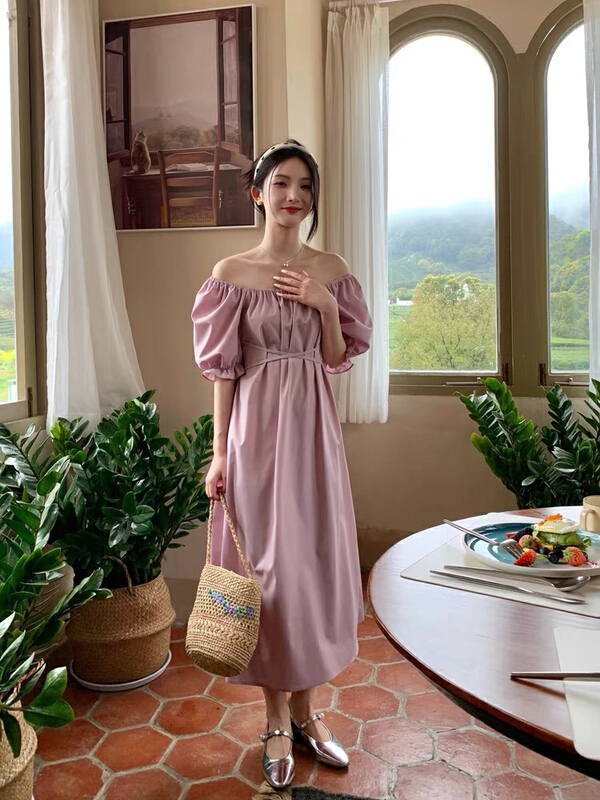 goods in stock! New in early summer! [savage] French retro square neck off shoulder straight neck bubble sleeve dress e8058# WPL