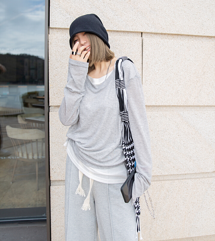 【MYALLIN】韓版拼色假兩件長袖T恤  8022#  OZQ
