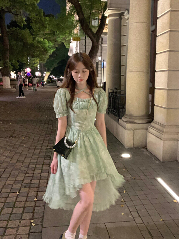 [x · h studio] Wizard of Oz French square collar short front and long back irregular skirt dress 6064# ozq