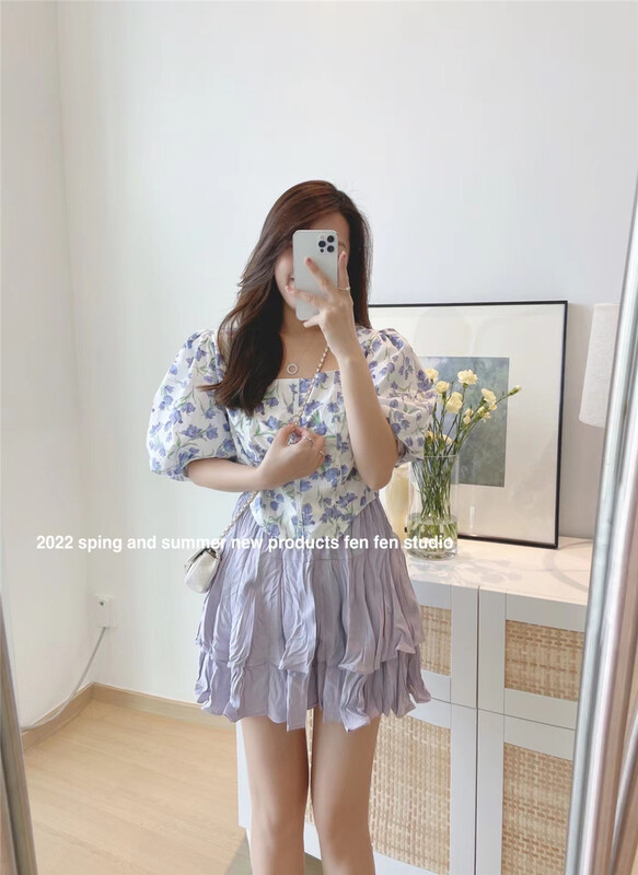 New in early summer! [fne fne] French style square neck bubble sleeve printed blouse 9961# WPL