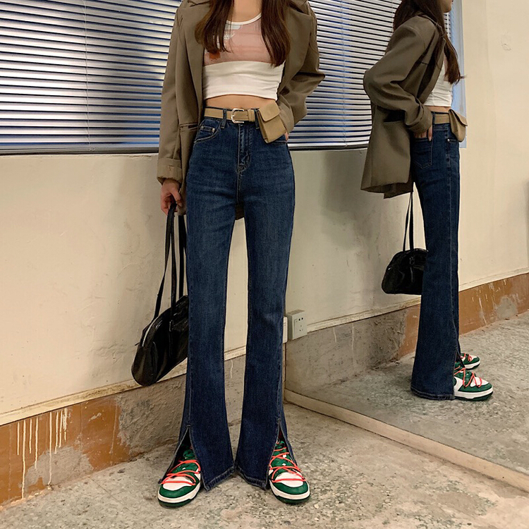 New year in early spring! [timely rain] Han Feng ins high waist thin loose slit micro horn jeans a7030# jhy