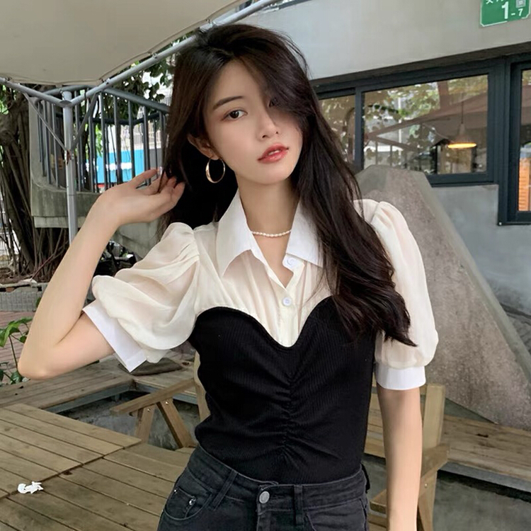 goods in stock! New in early summer! [yes] Vintage Port style holiday two Chiffon short sleeved blouses 5010# ozq