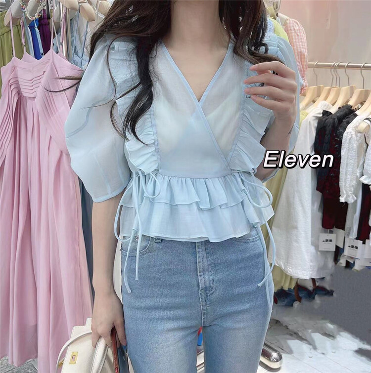 New in early summer! [eleven] Korean version small fresh Ruffle design feeling, waist closing and thin shirt 2522# PCZ