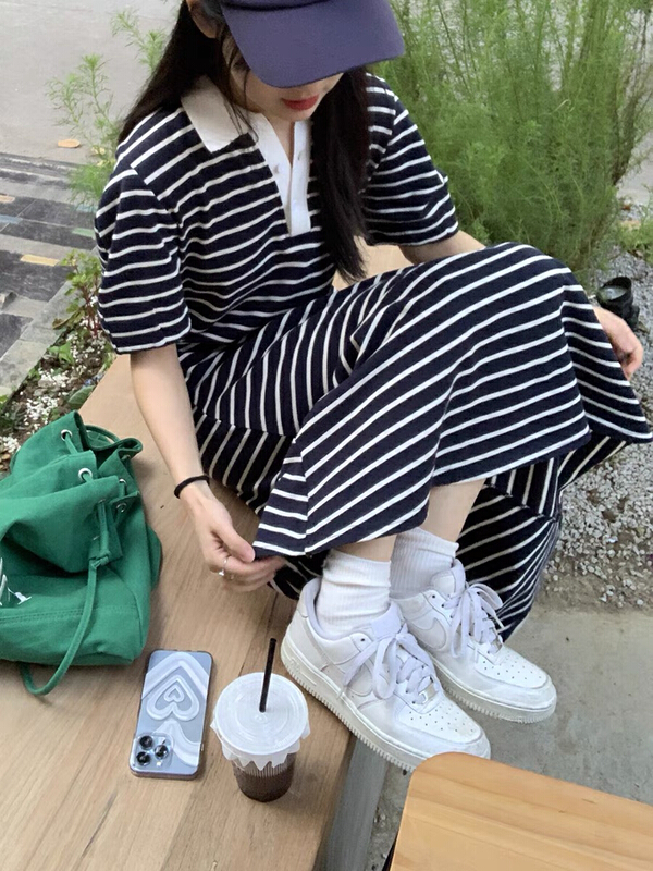 New in early summer! [blue show] design sense waist closing polo collar dress 8158# LSW