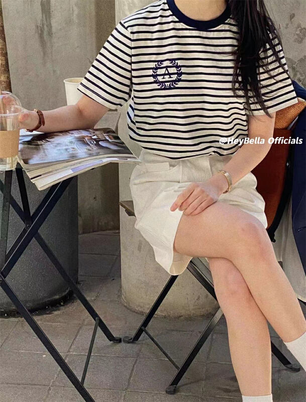 [hey Bella] crew neck stripe comfortable short sleeve T-shirt ys1-1528# ll