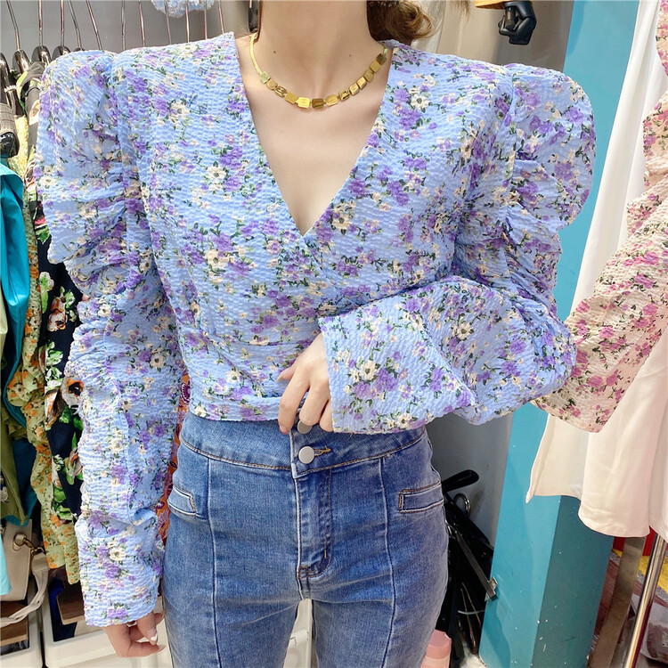 goods in stock! New in early summer! [H3] Korean V-neck floral shirt q1715# WTT