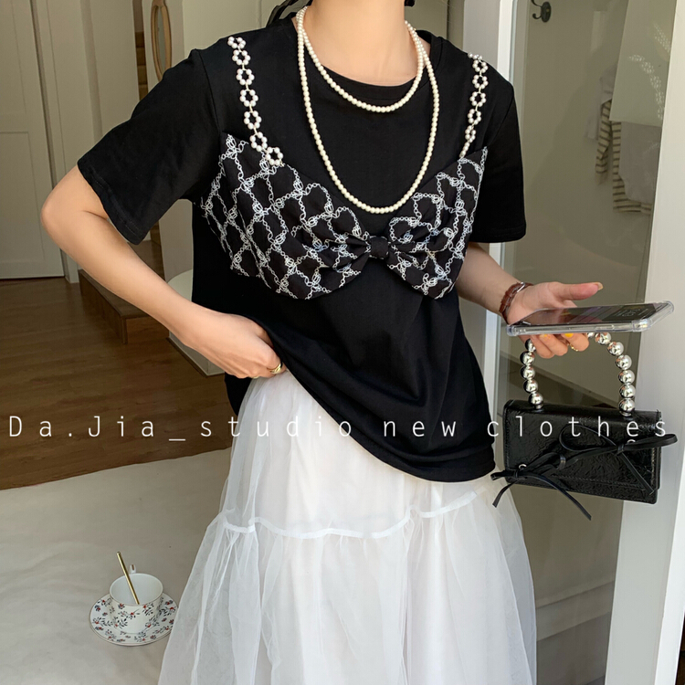 初夏上新！【DAJIA】蝴蝶結拼接設計感短袖T恤  22296#  CLS