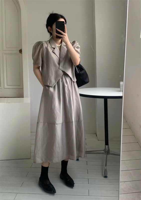 [h-xl] Korean comfortable shirt + elastic waist pleated skirt set 3580# ll