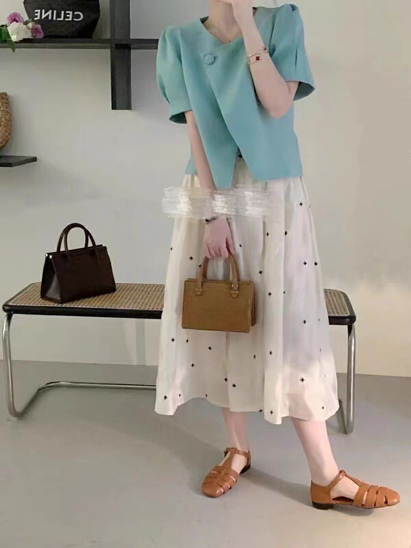 [rasion] Korea dongdamen bubble sleeve blouse + wave dot print skirt suit 6465# LSL