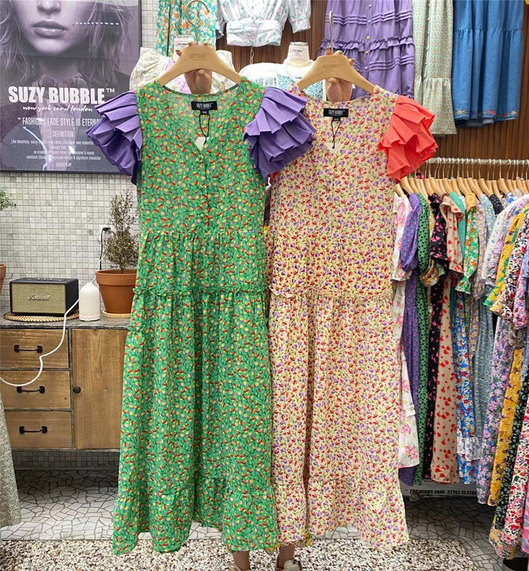 New in early summer! [N21] Vintage elegant V-neck Ruffle sleeve floral dress ys1-849# WPL