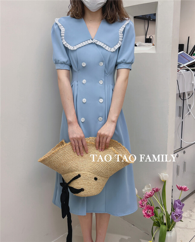 New in early summer! [Taotao family] temperament French color contrast large lapel double row button dress 3593# lwy