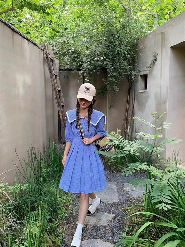 [blossom] college style Navy collar waist dress 2888# WPL