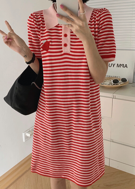[blue show] Korean stripe knitted strawberry short sleeve dress 6066# LSW