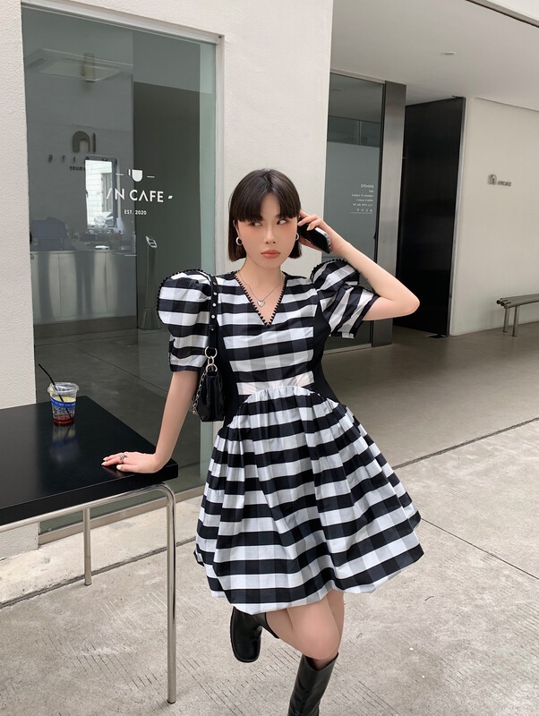 [Penny vogue] Korean color blocking and crimping dress 65921# LSL