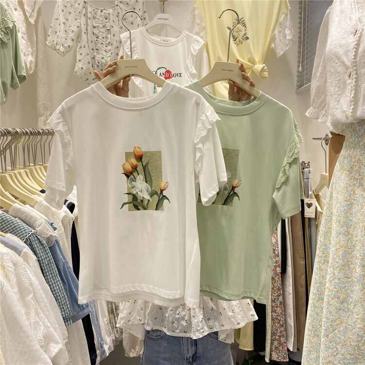 New in early summer! [purple] Korean print round neck short sleeve T-shirt 0628# hjy