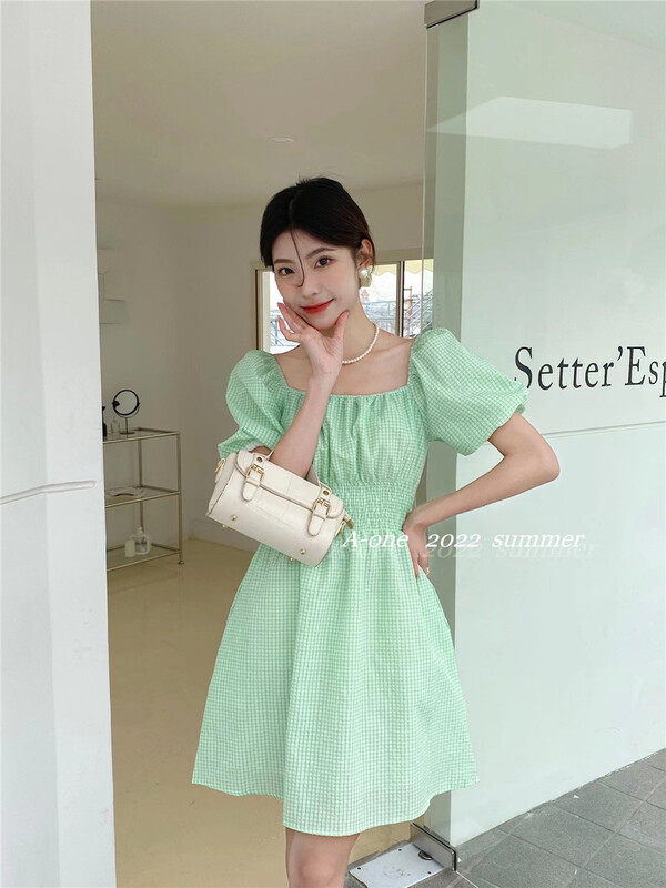 goods in stock! New in early summer! [A-One] Korean small women's Plaid square neck waist dress 22108# hjy