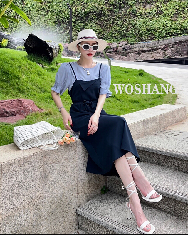 [woshang woshang] simple short sleeved T-shirt + waist closing slim suspender strap Skirt Set (with waist rope) 1233# XYJ