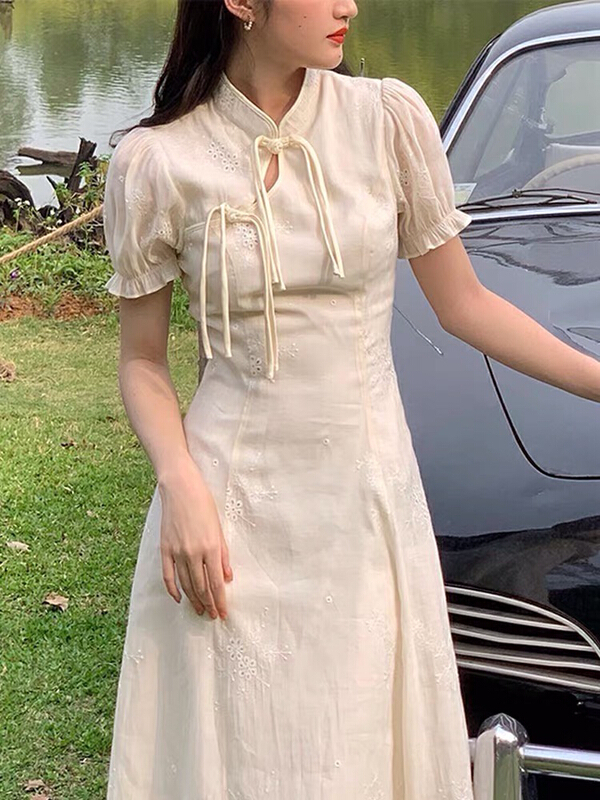 New in early summer! [Yingying new clothes] gentle style modified cheongsam tea break skirt French retro court style waist closing thin bandage dress 7235# Cl