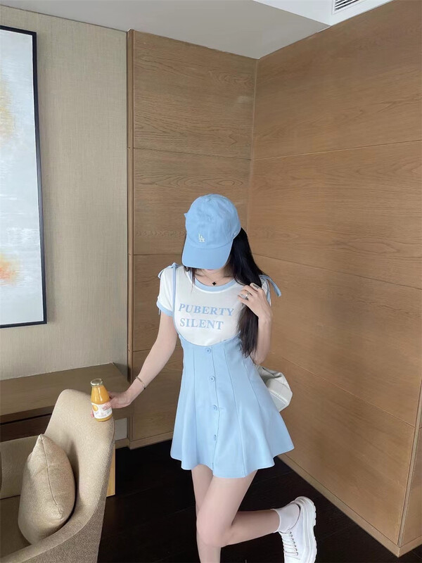 "KOUMIYA" Korean version of letter printed short sleeve T-shirt sleeveless pleated dress set 9918# PCZ