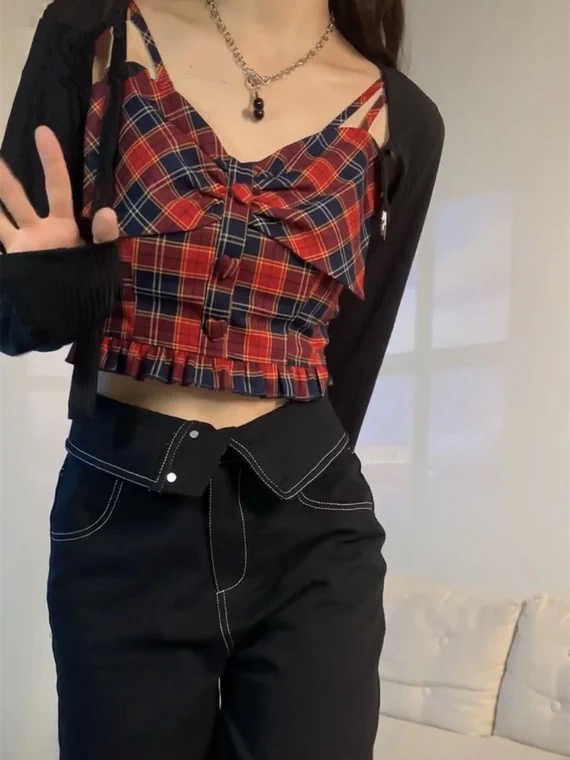 初夏上新!【L.L STUDIO】新款蝴蝶結格紋背心/吊帶  7566#  PCZ