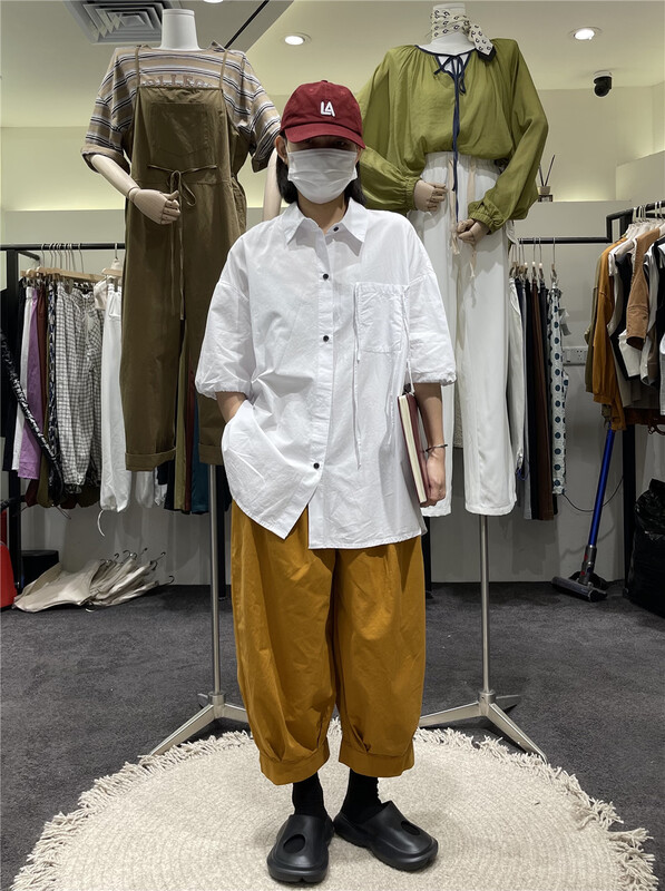 [original by hnhl] simple, fashionable and versatile loose middle sleeve shirt 17895# L
