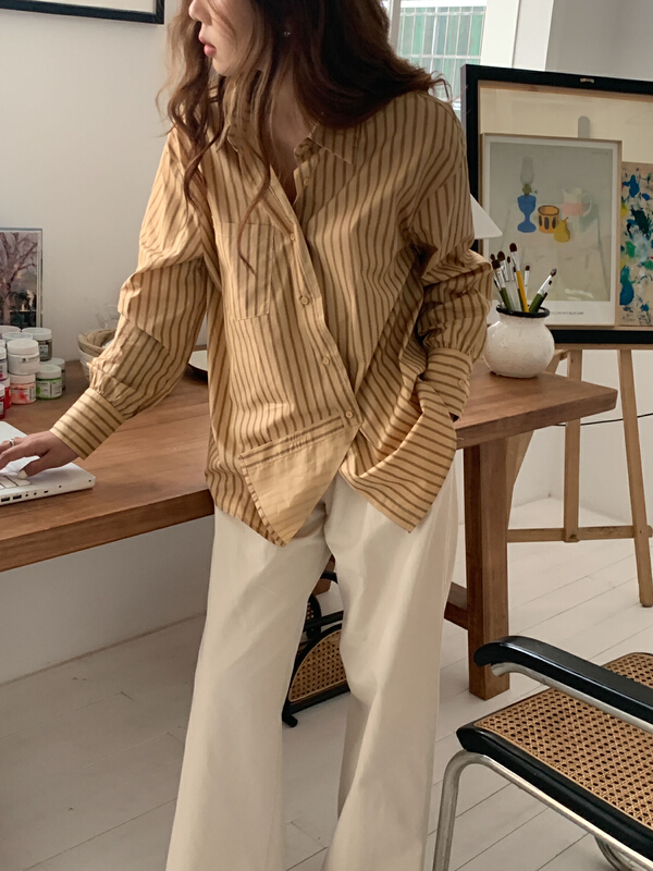 New year in early spring! [Tn] new striped Lapel Korean Hong Kong Style niche design shirt c2245# cqw