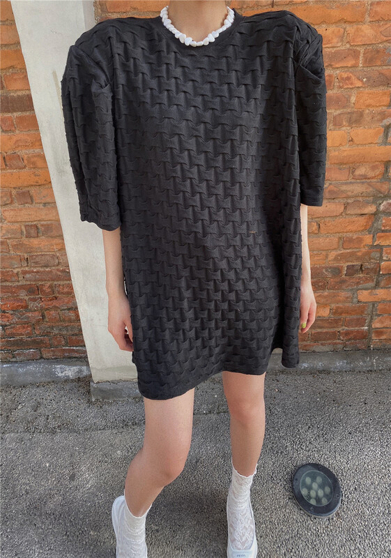[open] Korean version solid color texture bubble sleeve medium long short sleeve T-shirt 3653# ozq