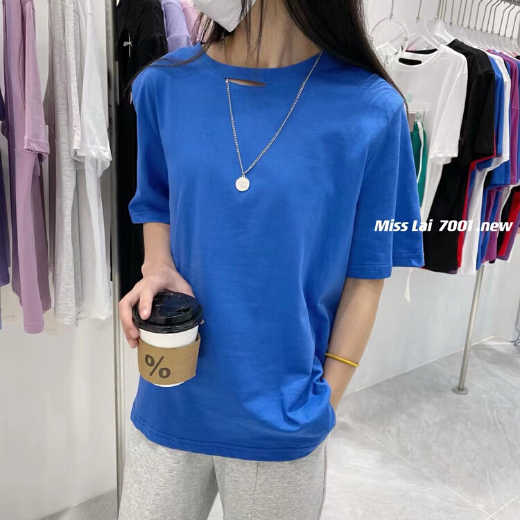 [HH & miss Lai] Korean hollow out design loose short sleeve T-shirt (with detachable chain) 7001# L