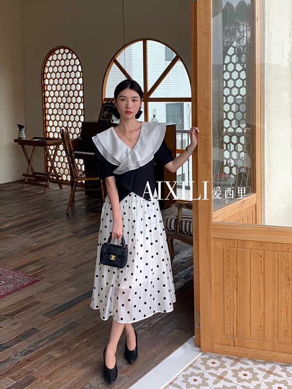 New in early summer! [aixili Sicily] elegant color matching Ruffle Dress 6323# WPL