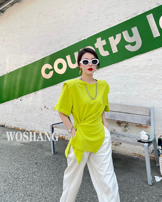 New in early summer! [woshang] irregular design fashion short sleeve T-shirt (with necklace) 1192# XYJ