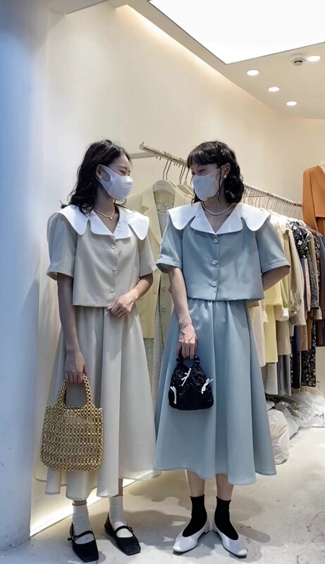 [c.hfeiyang] Korean color contrast blue blouse + high waist slim skirt suit 6703# HBx