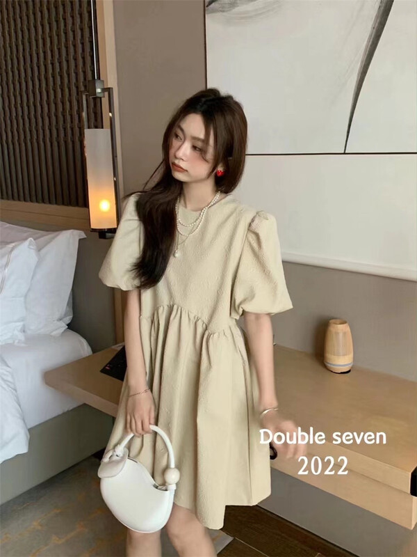 [double seven] Korean round neck bubble sleeve Jacquard Dress 28657# zxx
