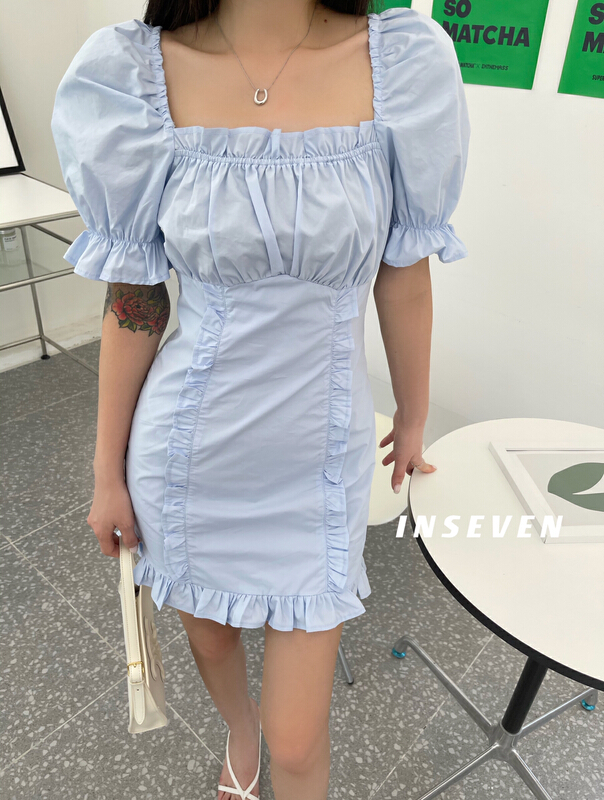 New in early summer! "INSEVEN" design square collar collar pleated bubble short sleeve dress 26383# OZQ